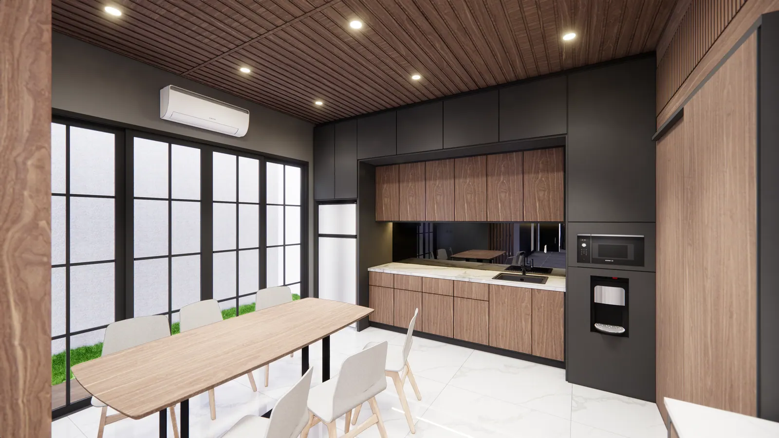 Sleek and modern dining room showcasing minimalist interior design and furniture.