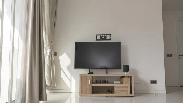 furniture, room, interior design, indoors, electronics, wall, living room, entertainment center, bedroom, shelf, table, refrigerator, floor, television, house, sink, curtain, floor