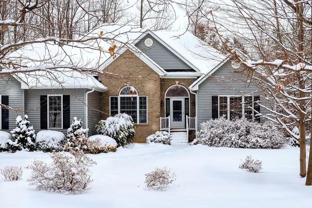 winter, snow scene, house, home, brick, vinyl siding, shutters, windows, shrubs, shubury, landscaping, snow covered, architecture, gables, entrance, front yard, gray home, gray house, gray landscape, gray window, gray snow, snow scene, vinyl siding, vinyl siding, vinyl siding, vinyl siding, vinyl siding, front yard, front yard. A small-room wall assembly guide for Atlantic damp and Prairie frost
