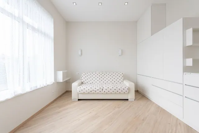 Interior of modern living room with sofa placed on parquet between window and white cupboards in light apartment with minimalist style